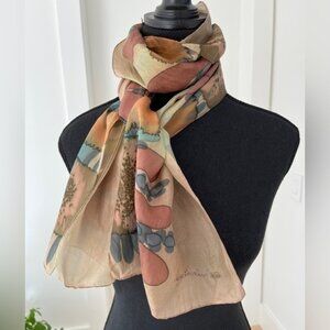 SYLVIE BOUCHARD Signed Silk Scarf Artisan Oblong Floral Design Autumn Colours